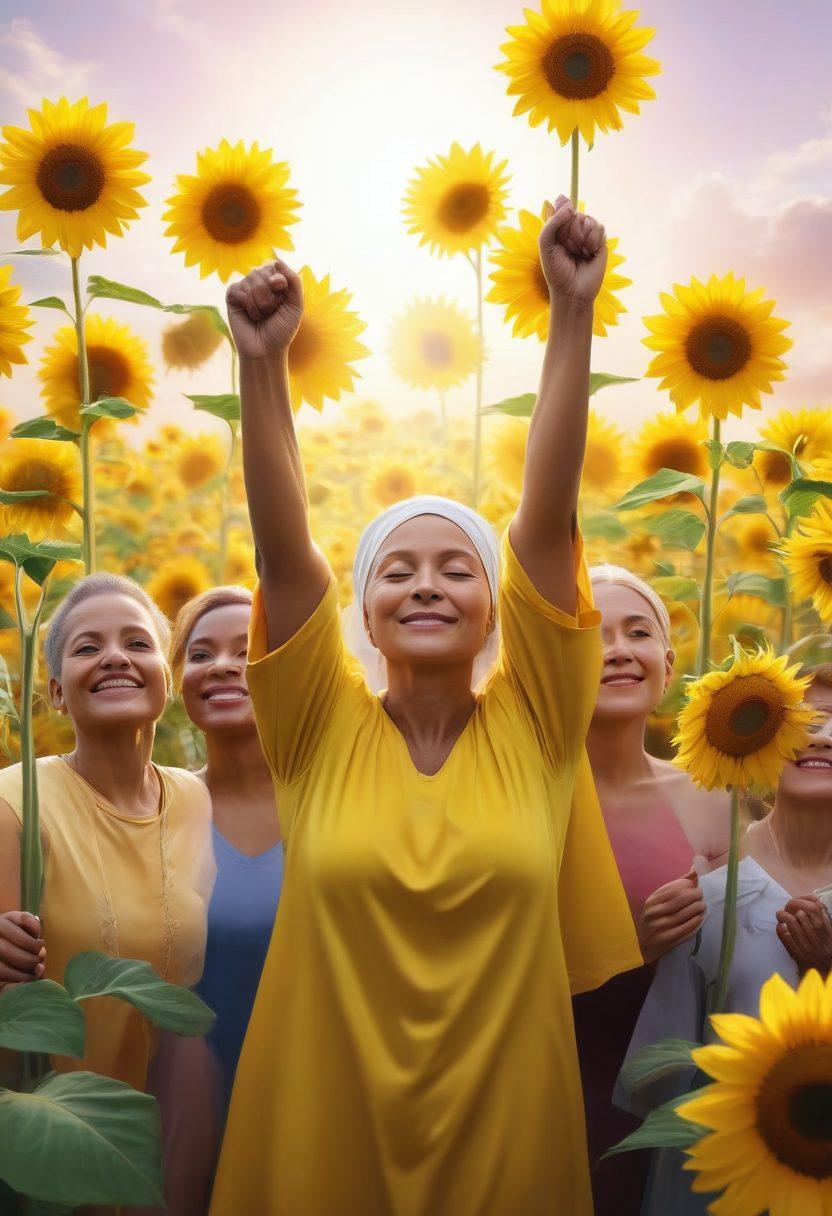 A powerful visual representation of a diverse group of cancer survivors, proudly standing together with their arms raised, symbolizing strength and unity. Incorporate elements of hope such as bright sunflowers and soft, glowing light in the background. Include supportive caregivers and medical professionals alongside them, showcasing a supportive community. The overall tone should evoke empowerment and resilience. super-realistic. vibrant colors. uplifting atmosphere.